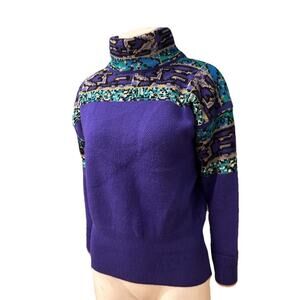 Vintage 80s Purple Nordic Ski Sweater Wool Blend Turtleneck Sweater M -